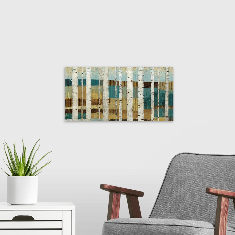 A modern room featuring Huge canvas art shows a forest of birch trees sitting in front of a valley.  Artist uses multiple...