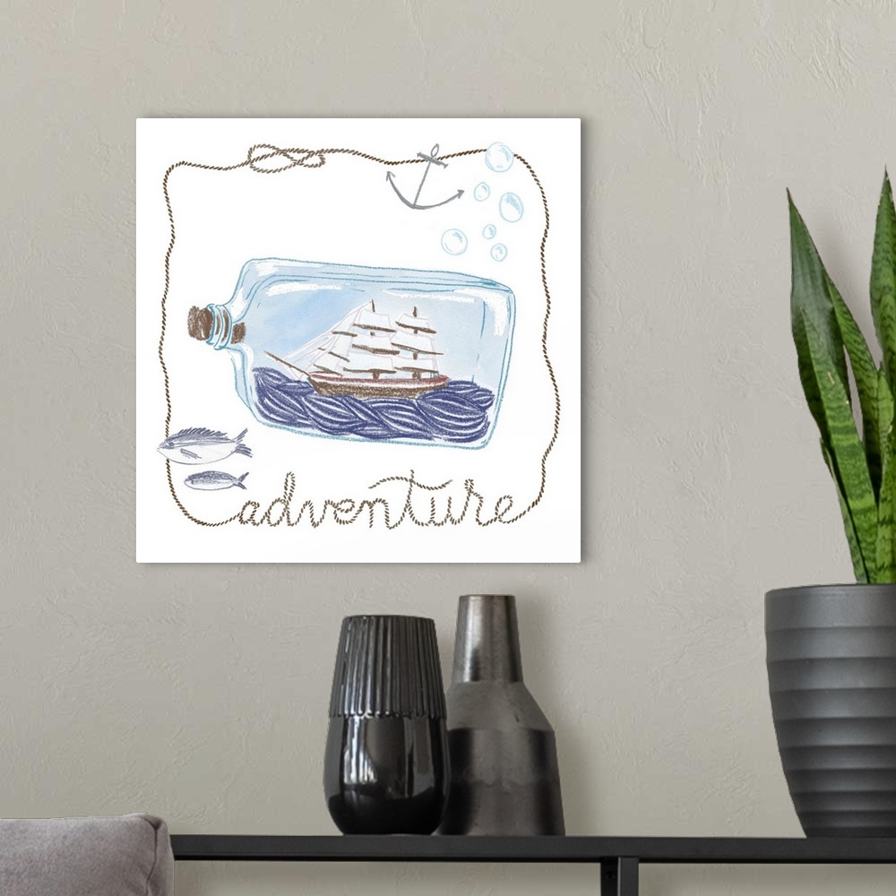 A modern room featuring Illustration of a sailing ship in a bottle with a rope reading "Adventure."