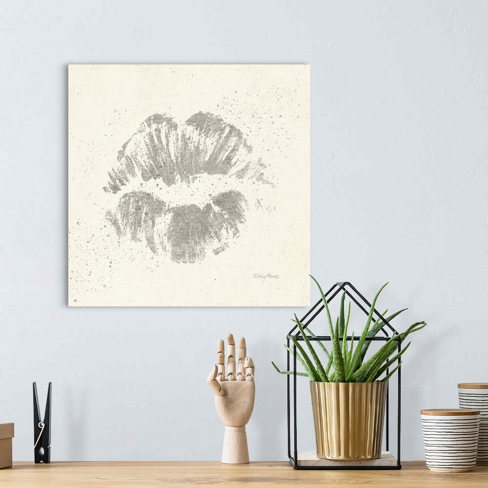 A bohemian room featuring Metallic silver lips on a white square background.