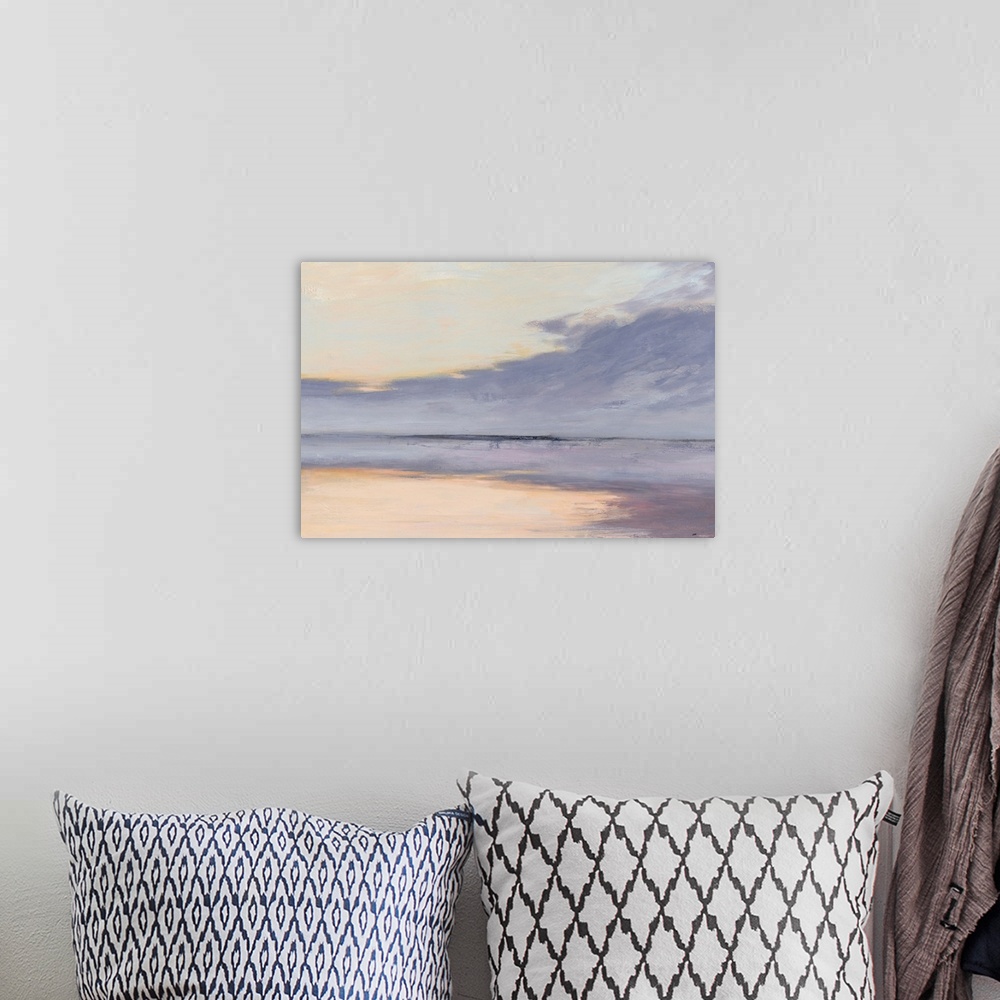 A bohemian room featuring Contemporary abstract painting of an ocean shore with a reflecting horizon line in purple, pink, ...