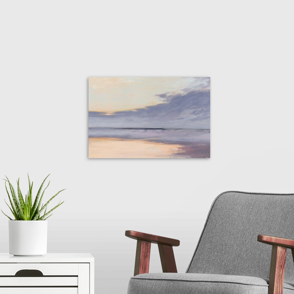 A modern room featuring Contemporary abstract painting of an ocean shore with a reflecting horizon line in purple, pink, ...