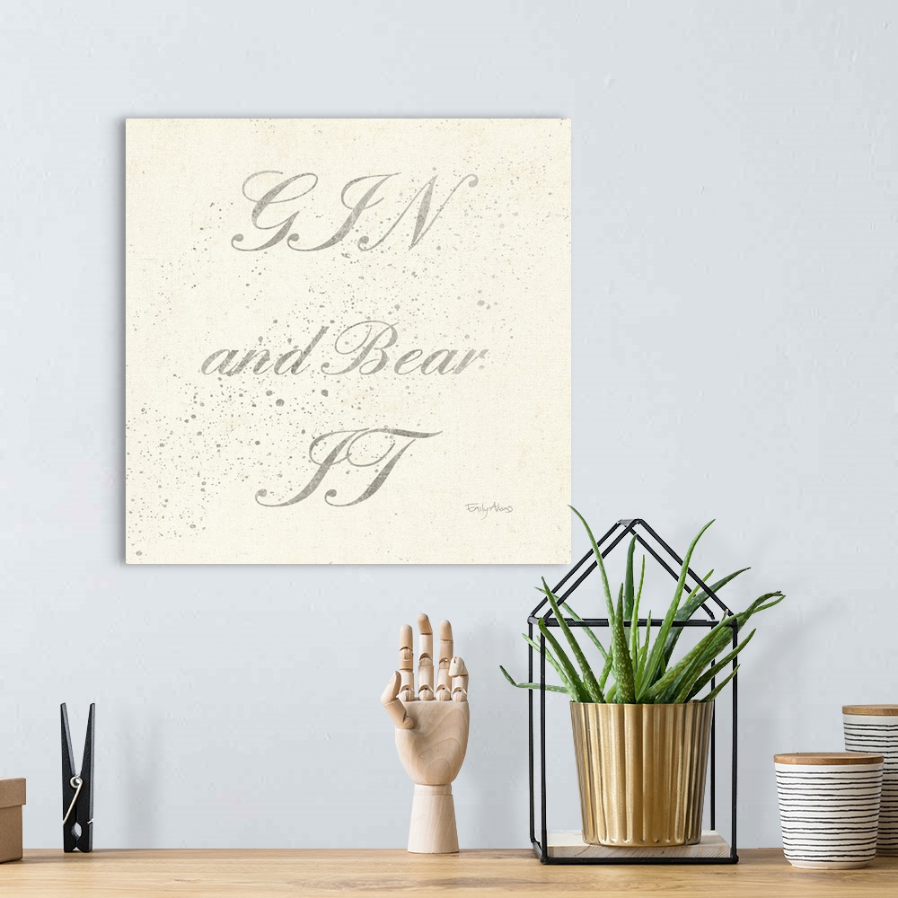A bohemian room featuring "Gin and Bear It" written in silver