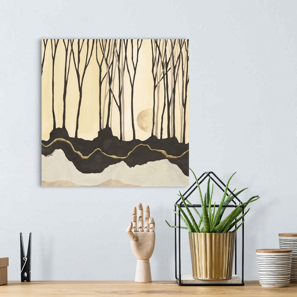 A bohemian room featuring Square painting of a contemporary landscape with thin trees and layers of soil, in neutral colors.