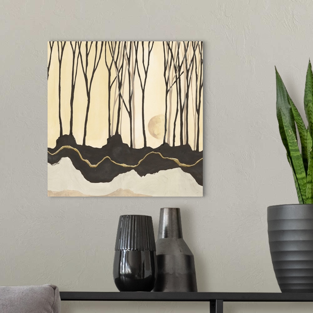A modern room featuring Square painting of a contemporary landscape with thin trees and layers of soil, in neutral colors.