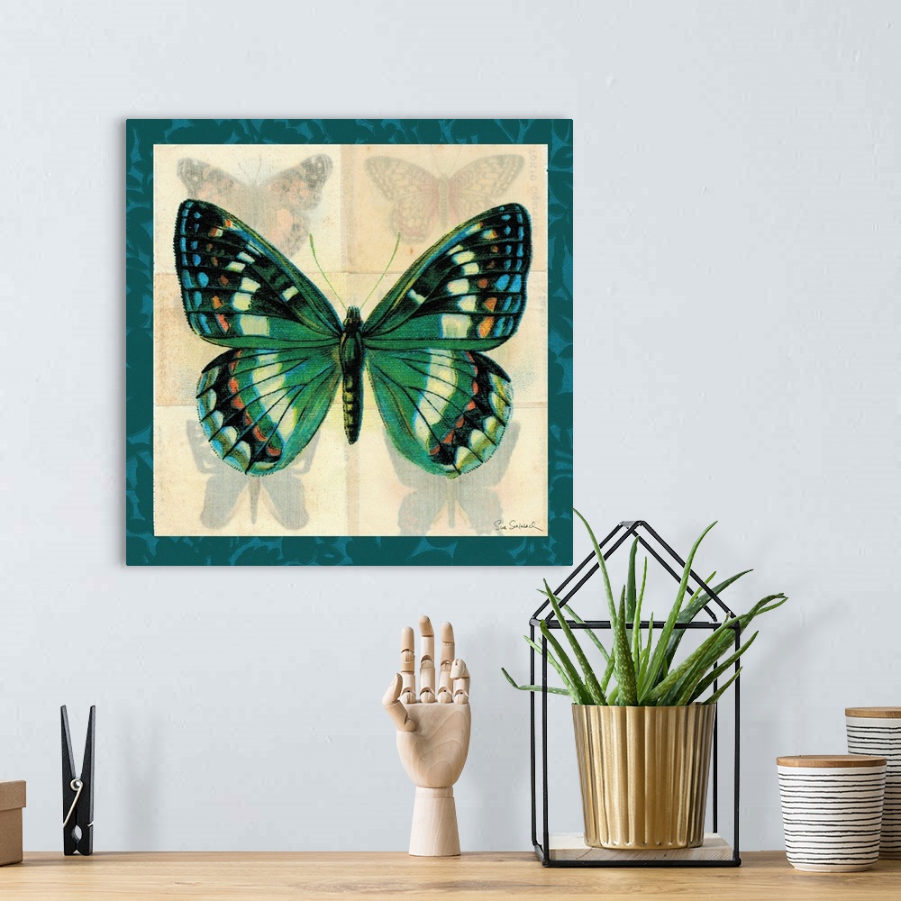 A bohemian room featuring Contemporary artwork of a blue butterfly against a background of four faded butterflies. With a d...