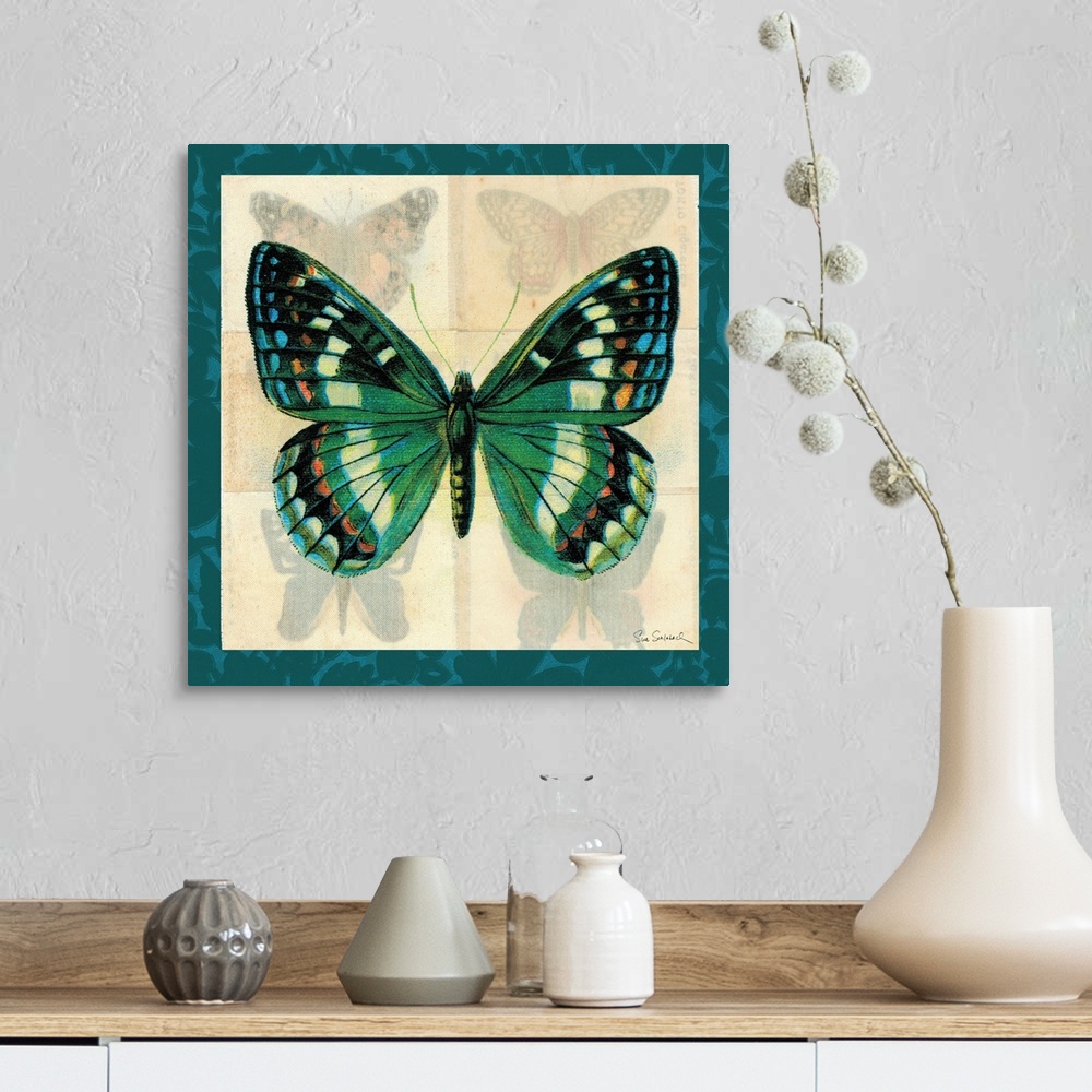 A farmhouse room featuring Contemporary artwork of a blue butterfly against a background of four faded butterflies. With a d...
