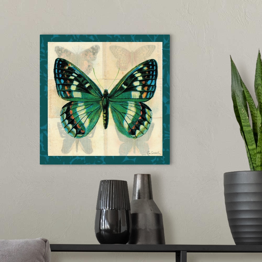 A modern room featuring Contemporary artwork of a blue butterfly against a background of four faded butterflies. With a d...