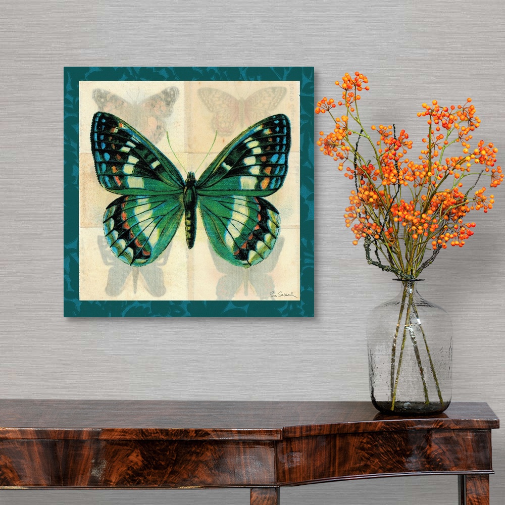 A traditional room featuring Contemporary artwork of a blue butterfly against a background of four faded butterflies. With a d...