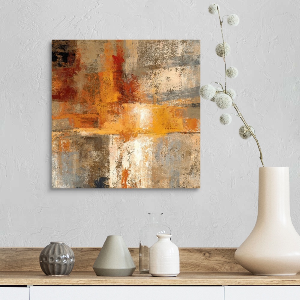 A farmhouse room featuring Contemporary abstract painting of multiple colors overlapping with distressed and eroded areas.