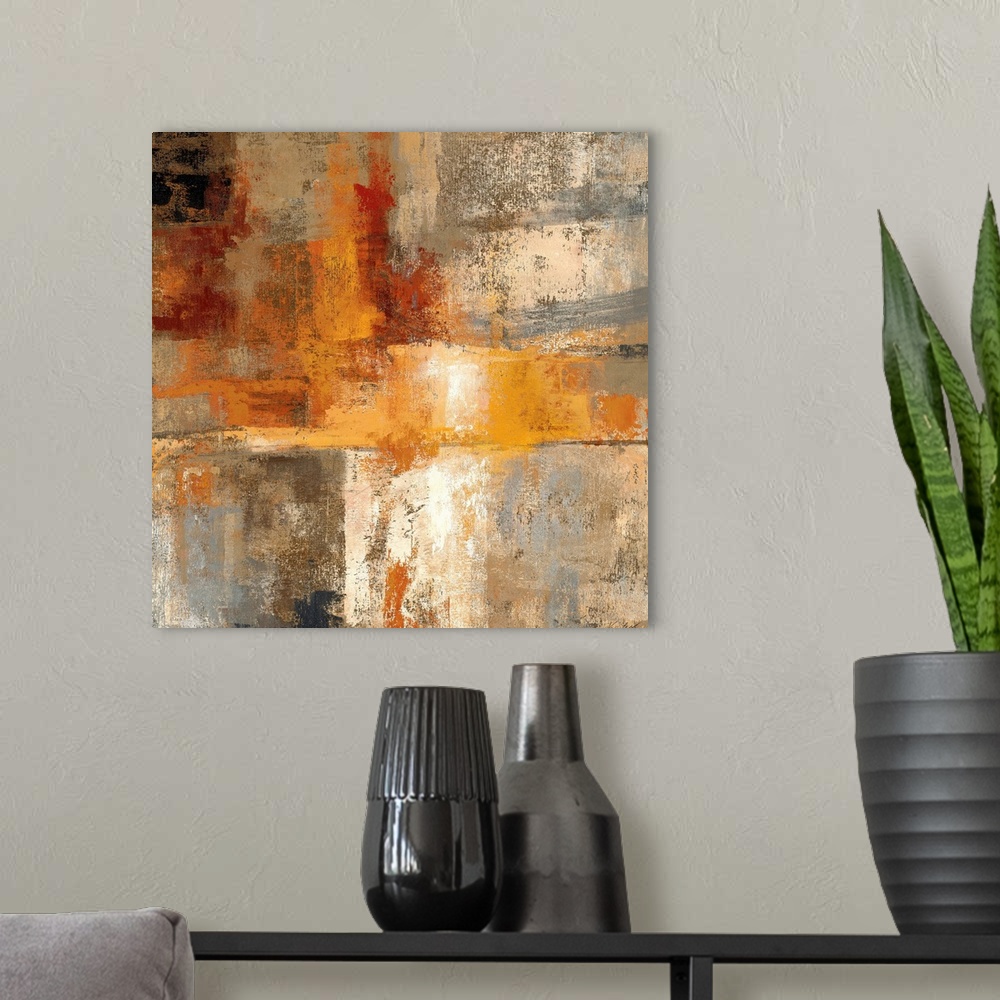 A modern room featuring Contemporary abstract painting of multiple colors overlapping with distressed and eroded areas.