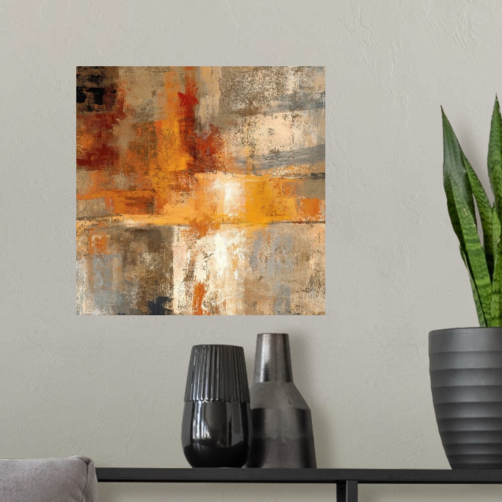 A modern room featuring Contemporary abstract painting of multiple colors overlapping with distressed and eroded areas.