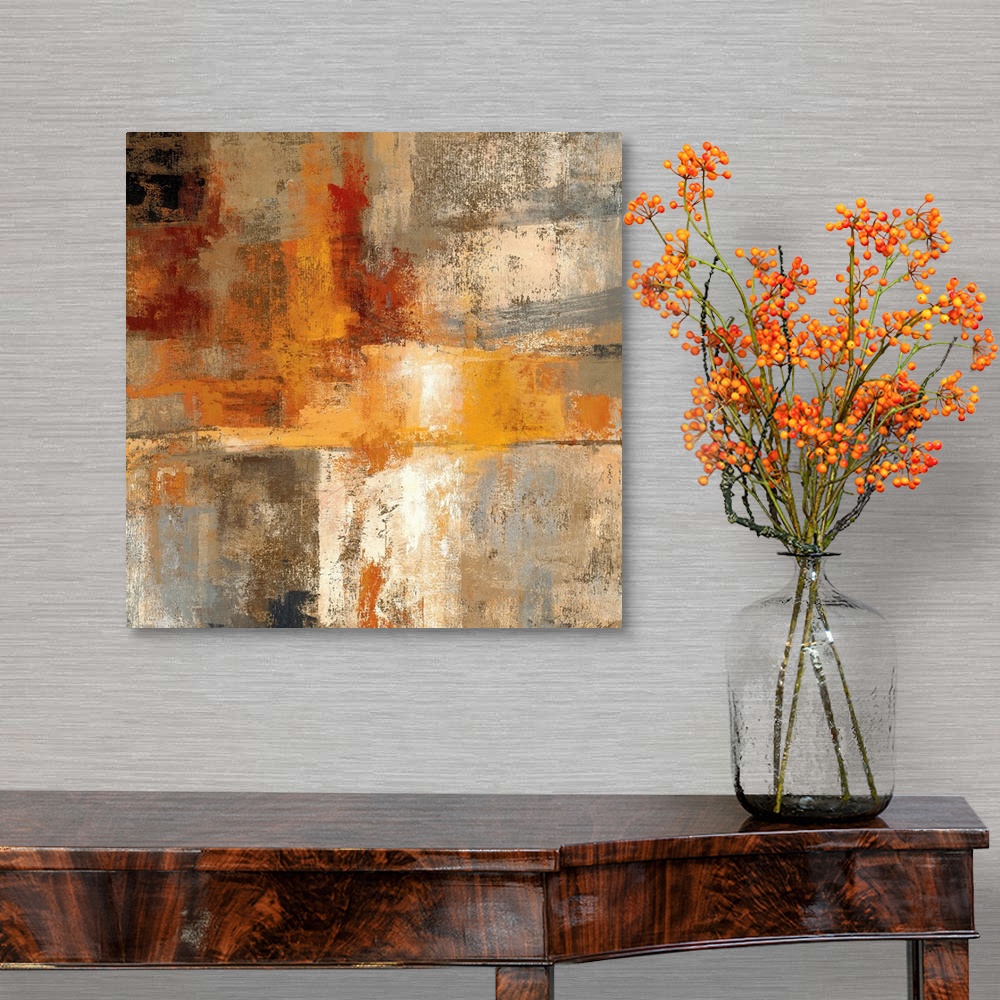 A traditional room featuring Contemporary abstract painting of multiple colors overlapping with distressed and eroded areas.