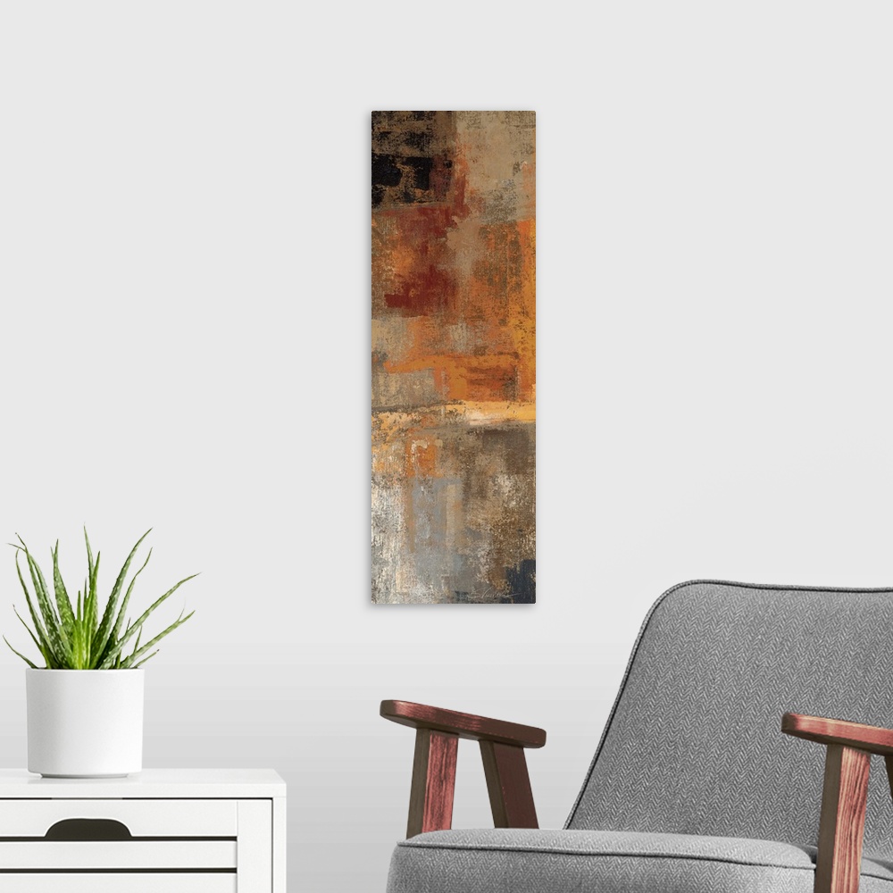 A modern room featuring An abstract piece of art with brush strokes of earthy tones giving the painting depth.