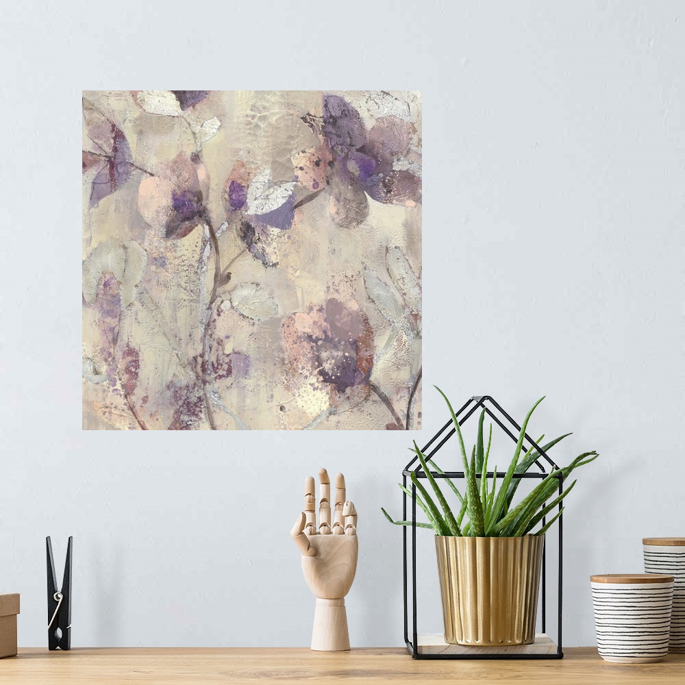 A bohemian room featuring Decorative painting of blooming flowers in light purple tones.