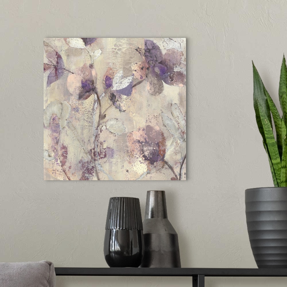 A modern room featuring Decorative painting of blooming flowers in light purple tones.