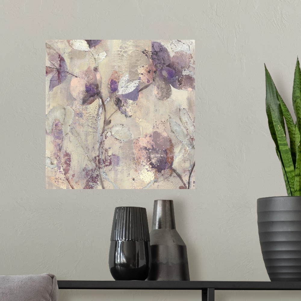A modern room featuring Decorative painting of blooming flowers in light purple tones.