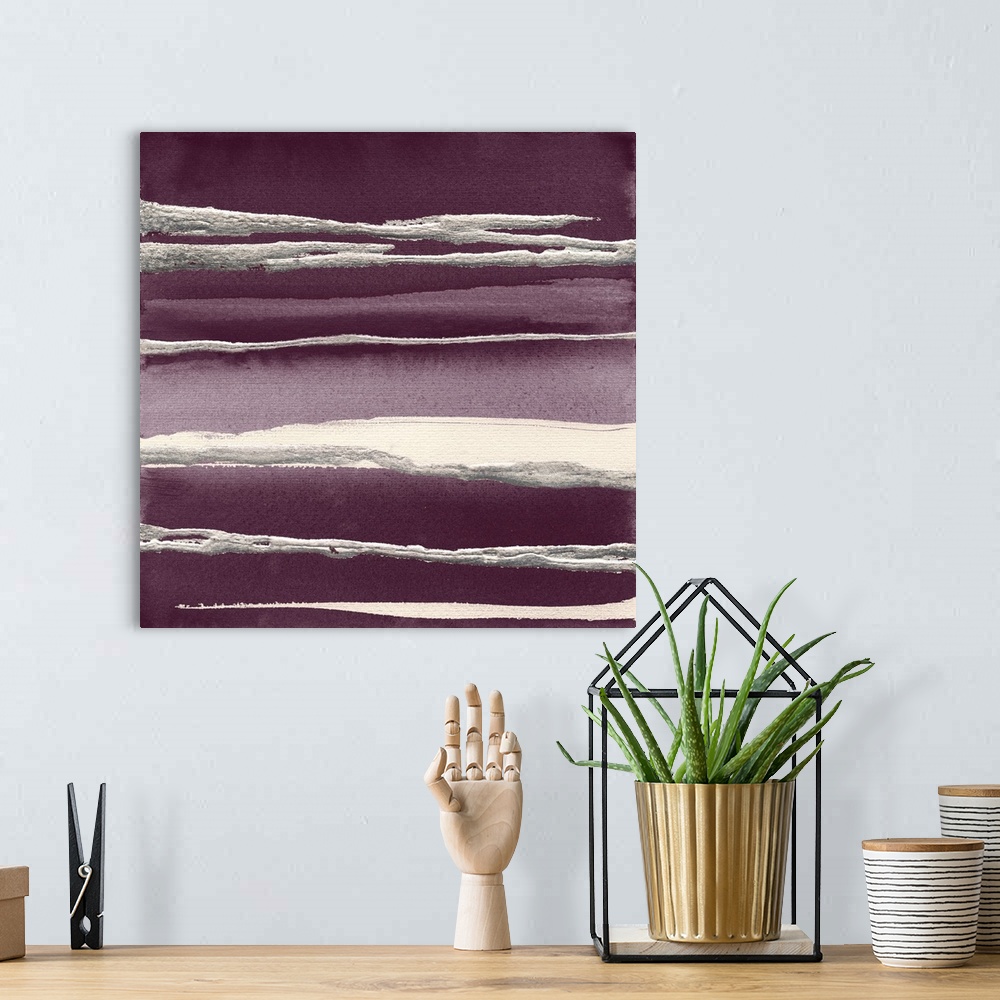 A bohemian room featuring Square contemporary watercolor painting with deep purple hues and metallic silver and white horiz...
