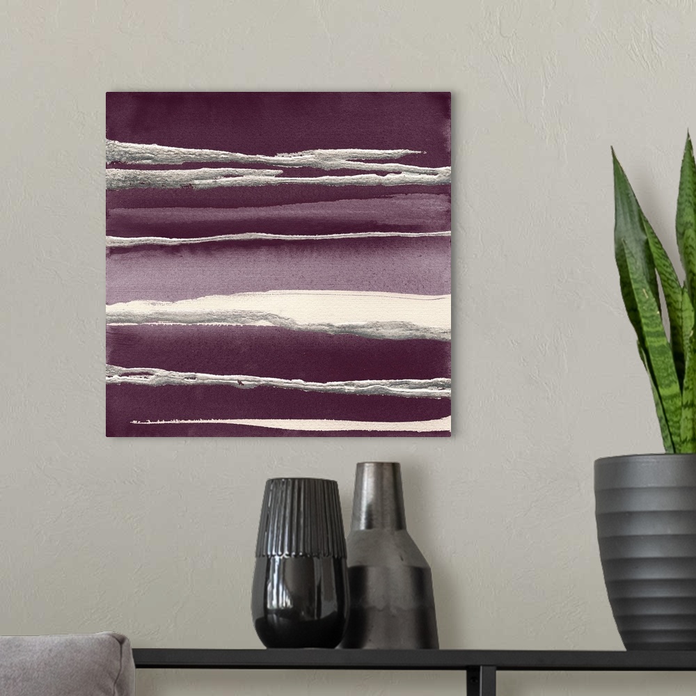 A modern room featuring Square contemporary watercolor painting with deep purple hues and metallic silver and white horiz...