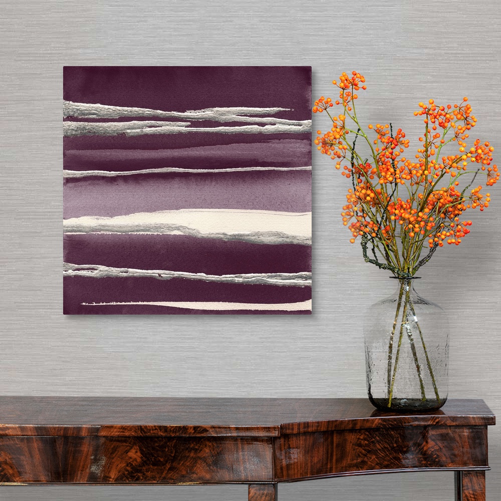 A traditional room featuring Square contemporary watercolor painting with deep purple hues and metallic silver and white horiz...