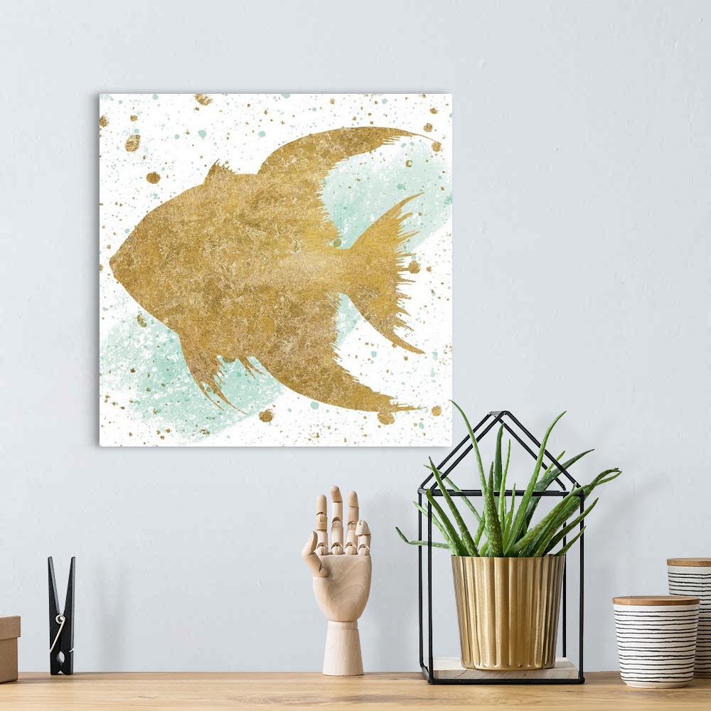 A bohemian room featuring Square art with a metallic gold fish on a white and sea foam green background with gold and sea f...