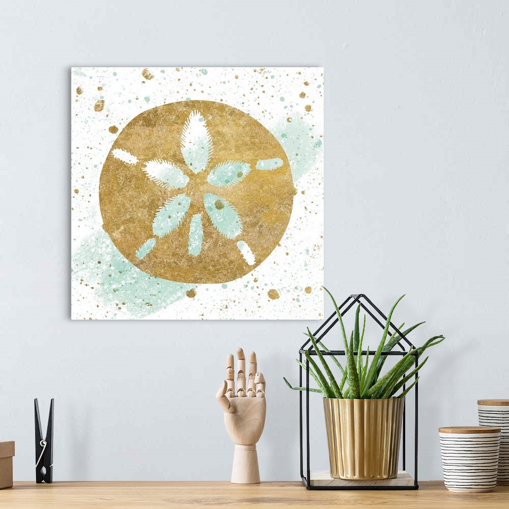 A bohemian room featuring Square art with a metallic gold sand dollar on a white and sea foam green background with gold an...