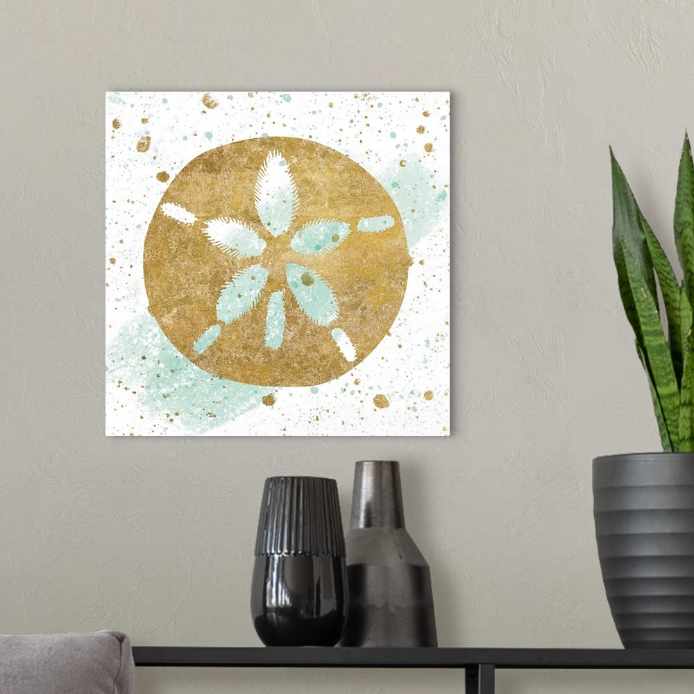 A modern room featuring Square art with a metallic gold sand dollar on a white and sea foam green background with gold an...