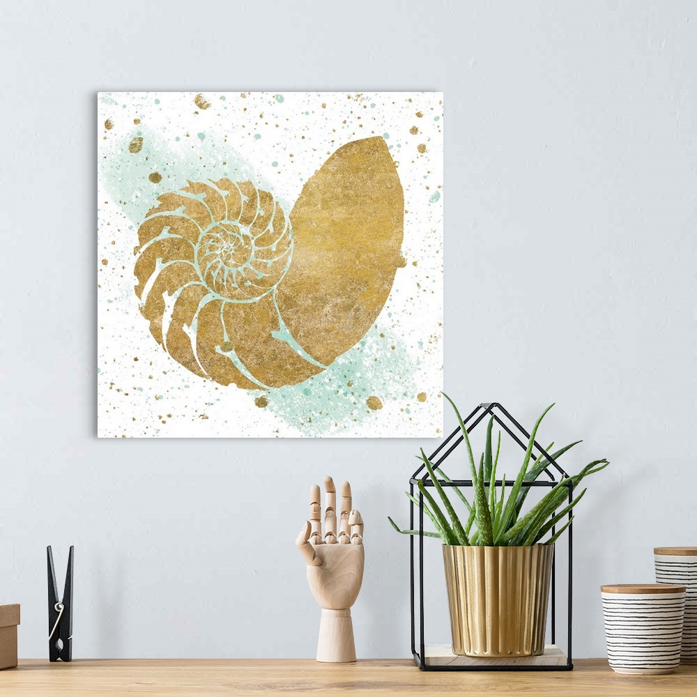 A bohemian room featuring Square art with a metallic gold seashell on a white and sea foam green background with gold and s...