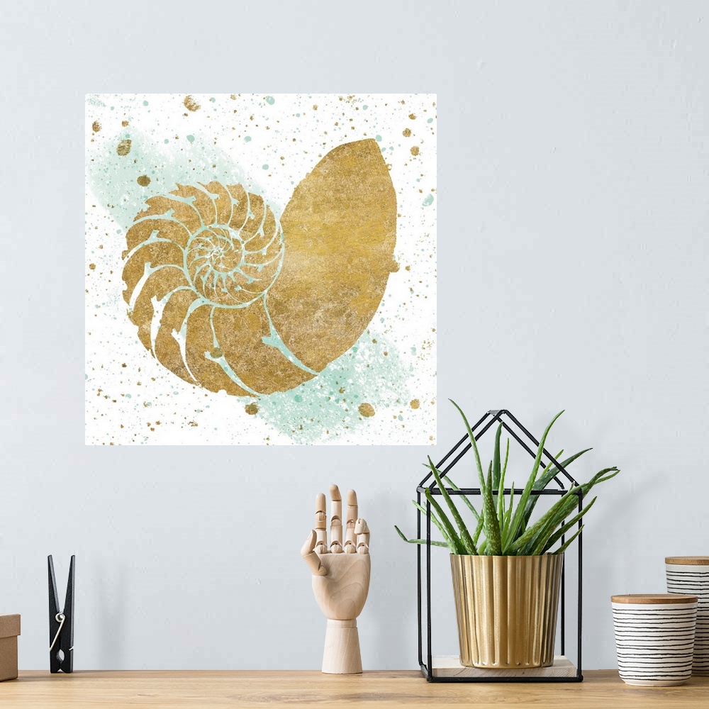 A bohemian room featuring Square art with a metallic gold seashell on a white and sea foam green background with gold and s...