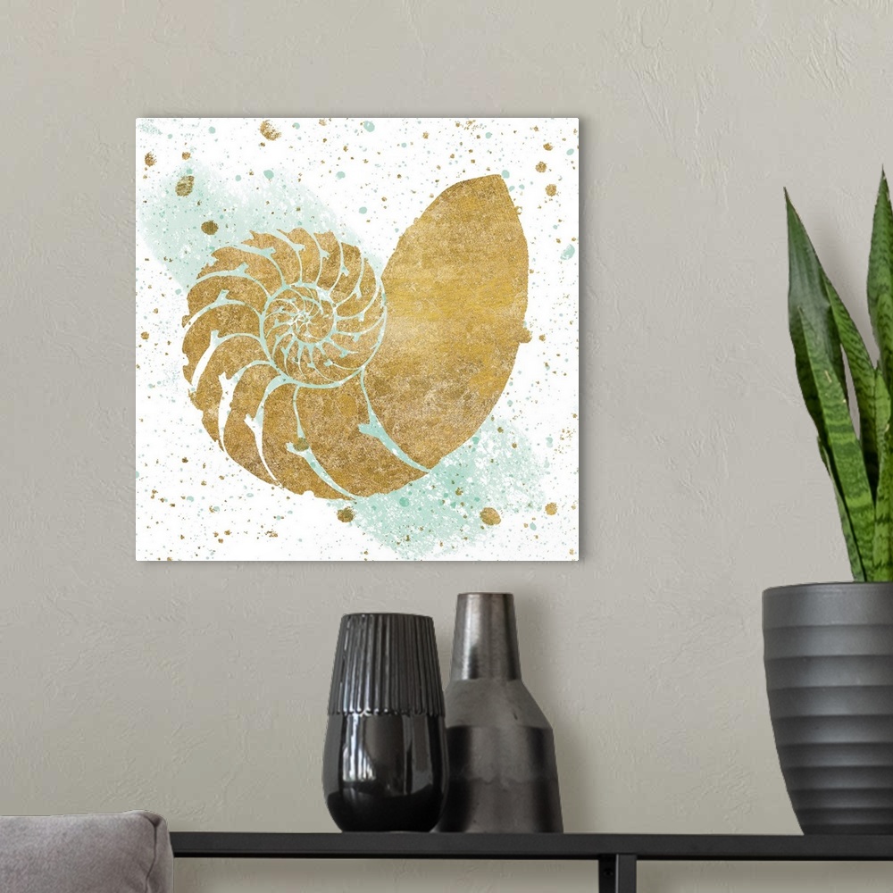 A modern room featuring Square art with a metallic gold seashell on a white and sea foam green background with gold and s...