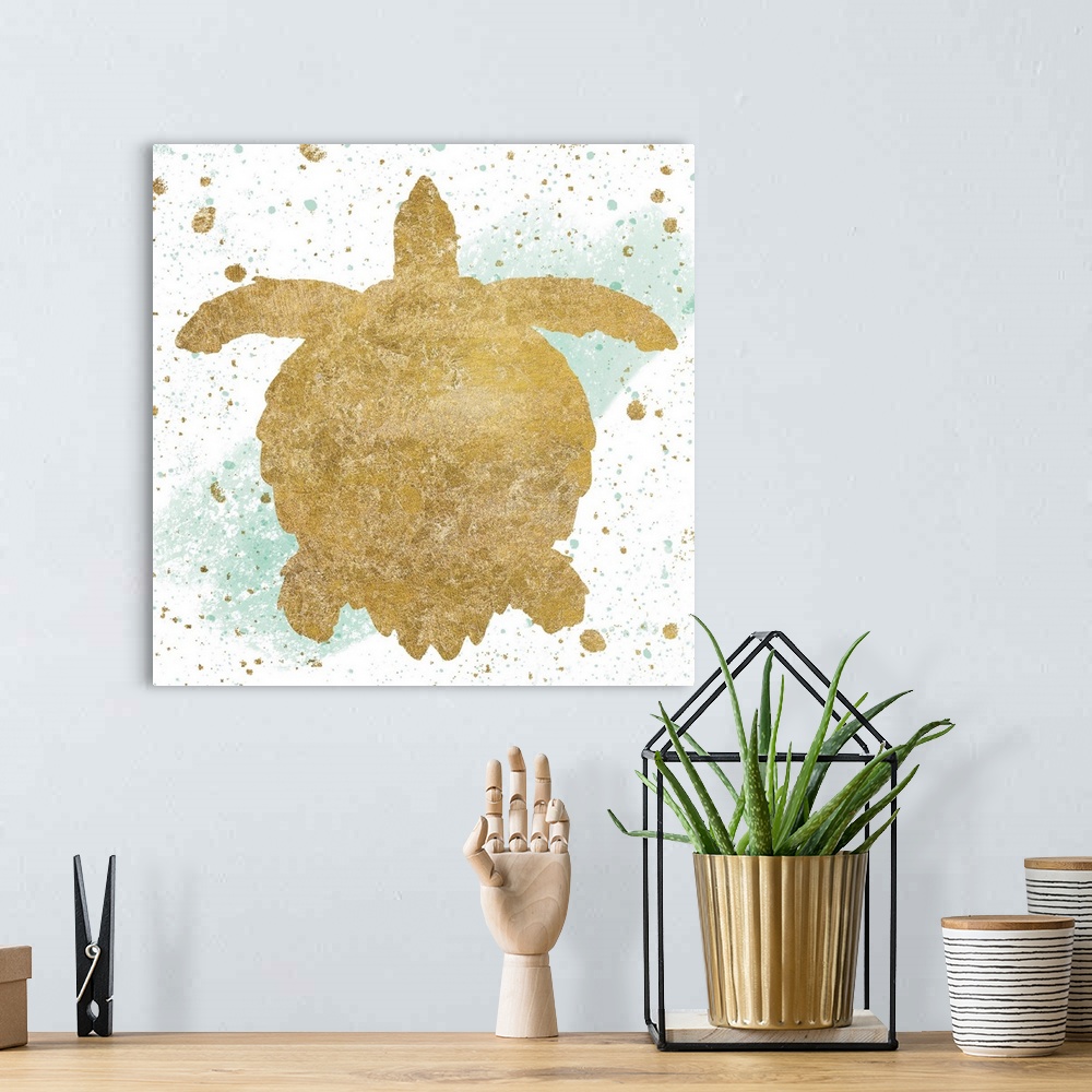 A bohemian room featuring Square art with a metallic gold sea turtle on a white and sea foam green background with gold and...