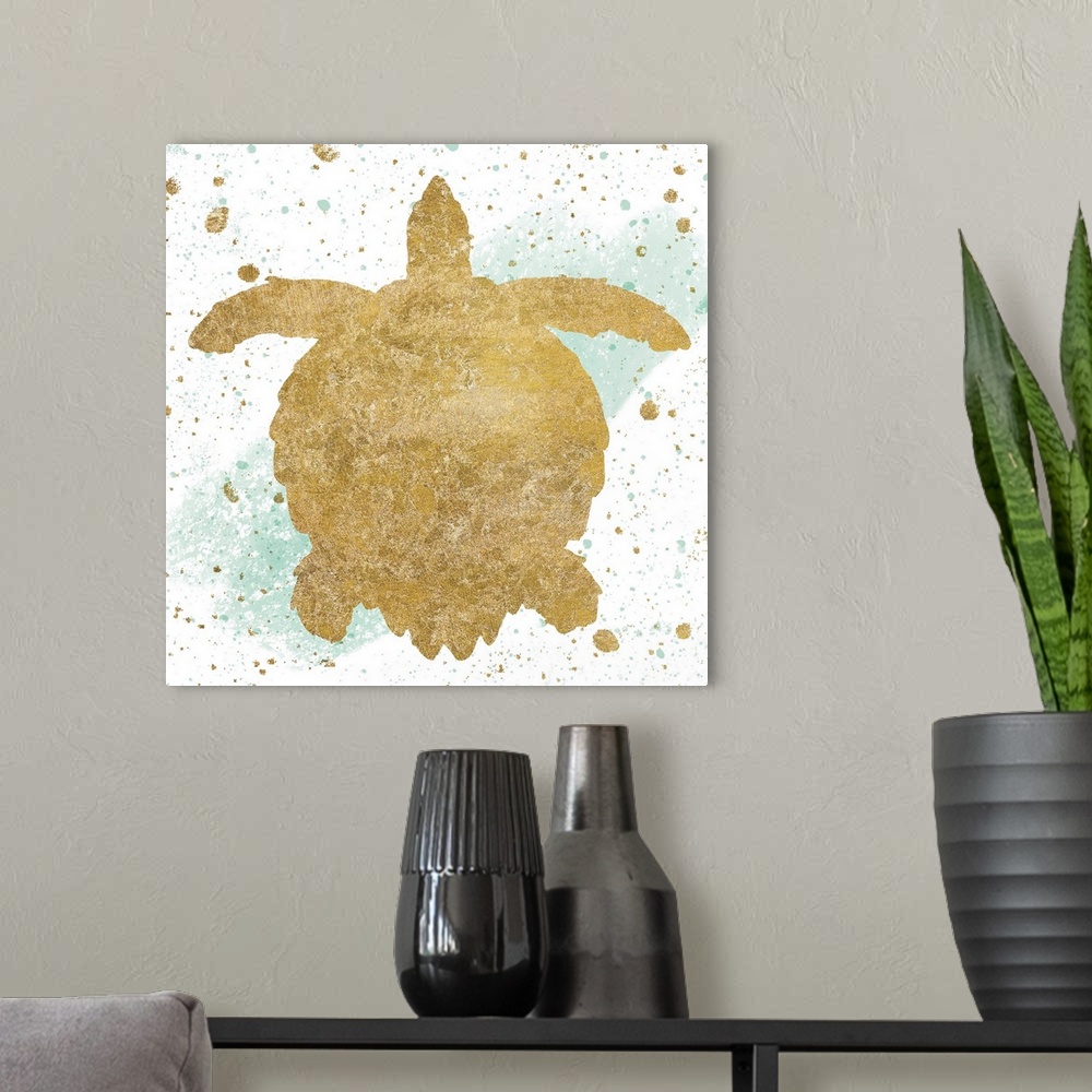 A modern room featuring Square art with a metallic gold sea turtle on a white and sea foam green background with gold and...