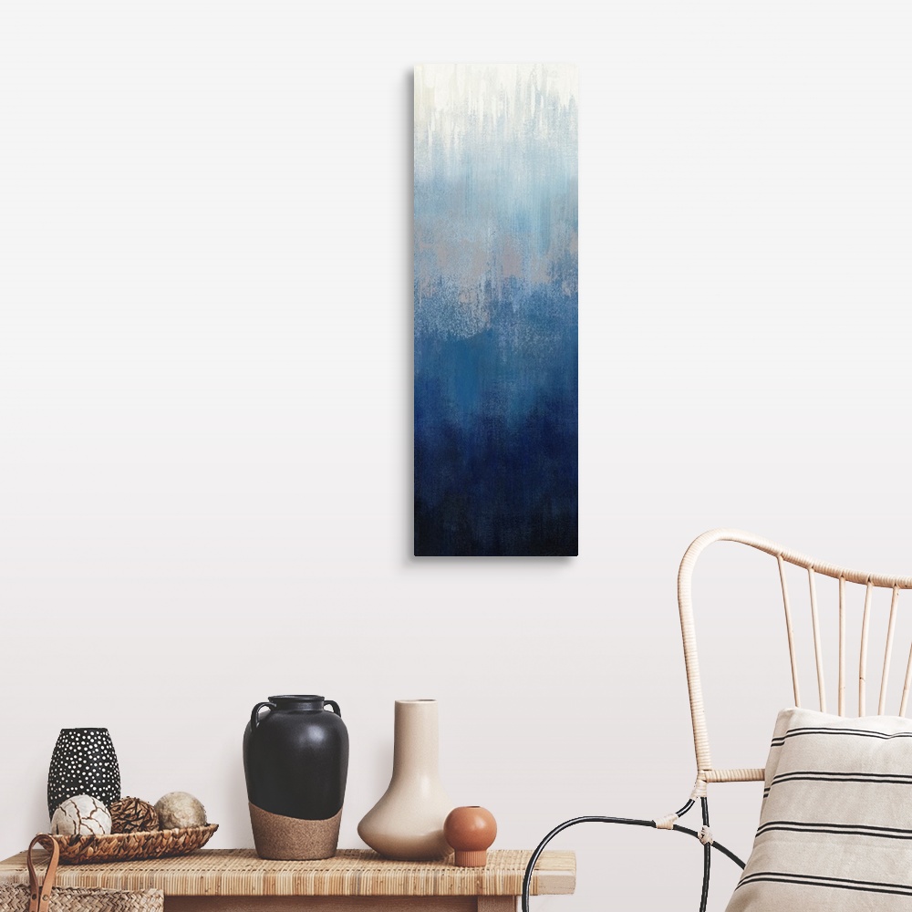 A farmhouse room featuring Abstract panel painting in shades of gray and blue getting darker towards the bottom.