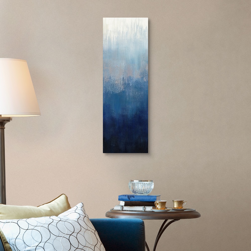 A traditional room featuring Abstract panel painting in shades of gray and blue getting darker towards the bottom.