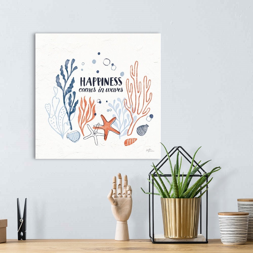 A bohemian room featuring "Happiness Comes in Waves" with coral and blue ocean themed illustrations on a square white textu...