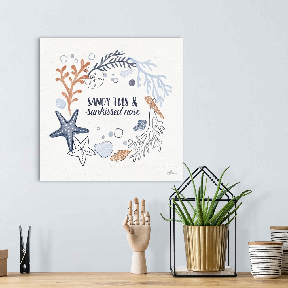 A bohemian room featuring "Sandy Toes and Sun Kissed Nose" with coral and blue ocean themed illustrations on a square white...