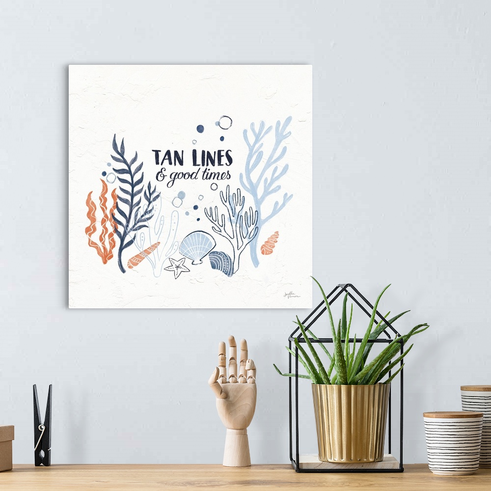 A bohemian room featuring "Tan Lines and Good Times" with coral and blue ocean themed illustrations on a square white textu...