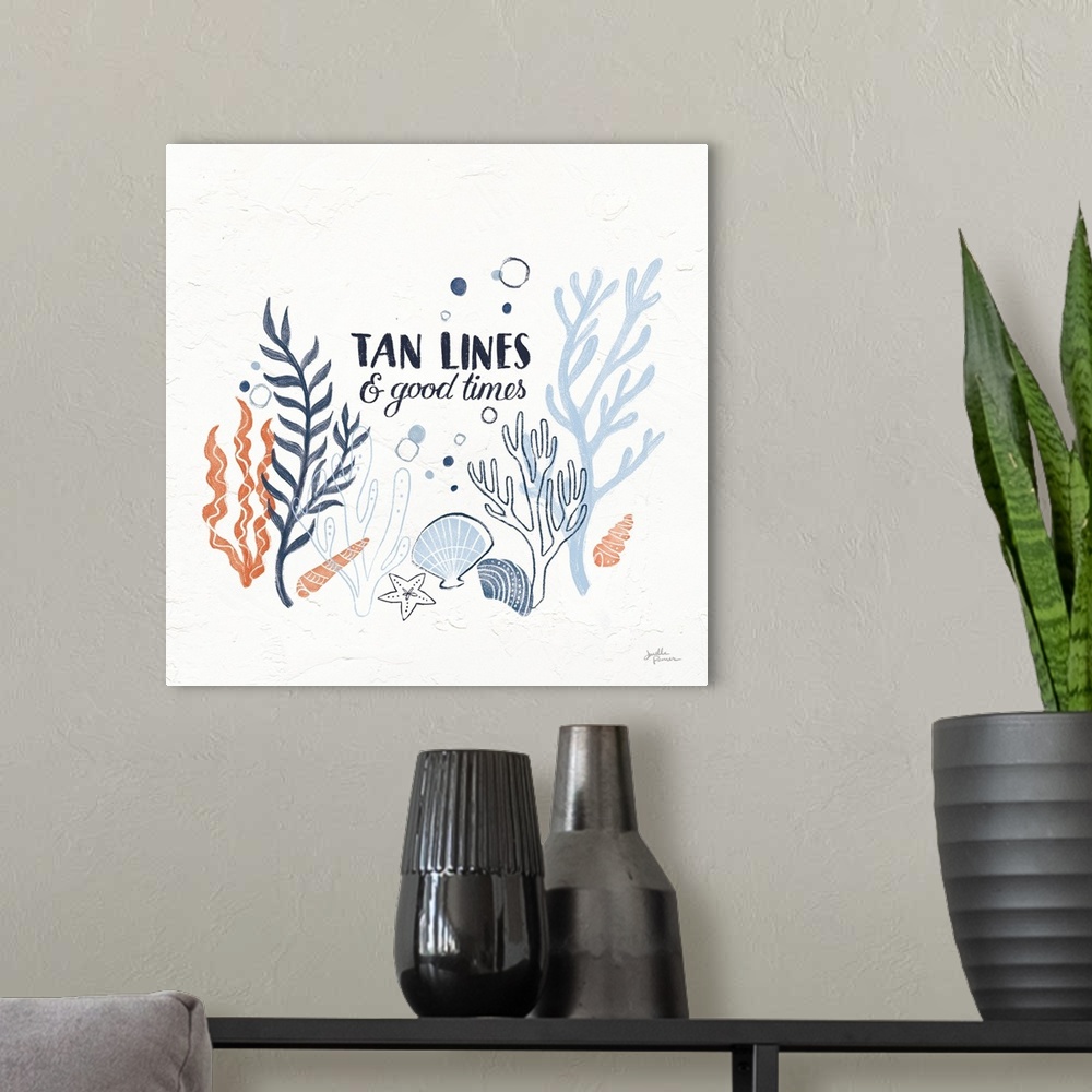 A modern room featuring "Tan Lines and Good Times" with coral and blue ocean themed illustrations on a square white textu...