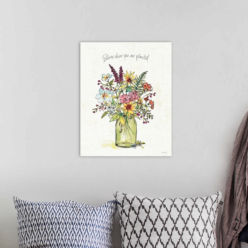 A bohemian room featuring Vertical creative artwork of a vase of wildflowers with the text "Bloom where you are planted".