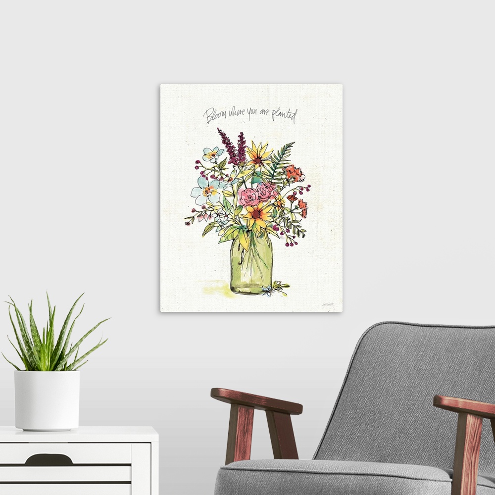A modern room featuring Vertical creative artwork of a vase of wildflowers with the text "Bloom where you are planted".