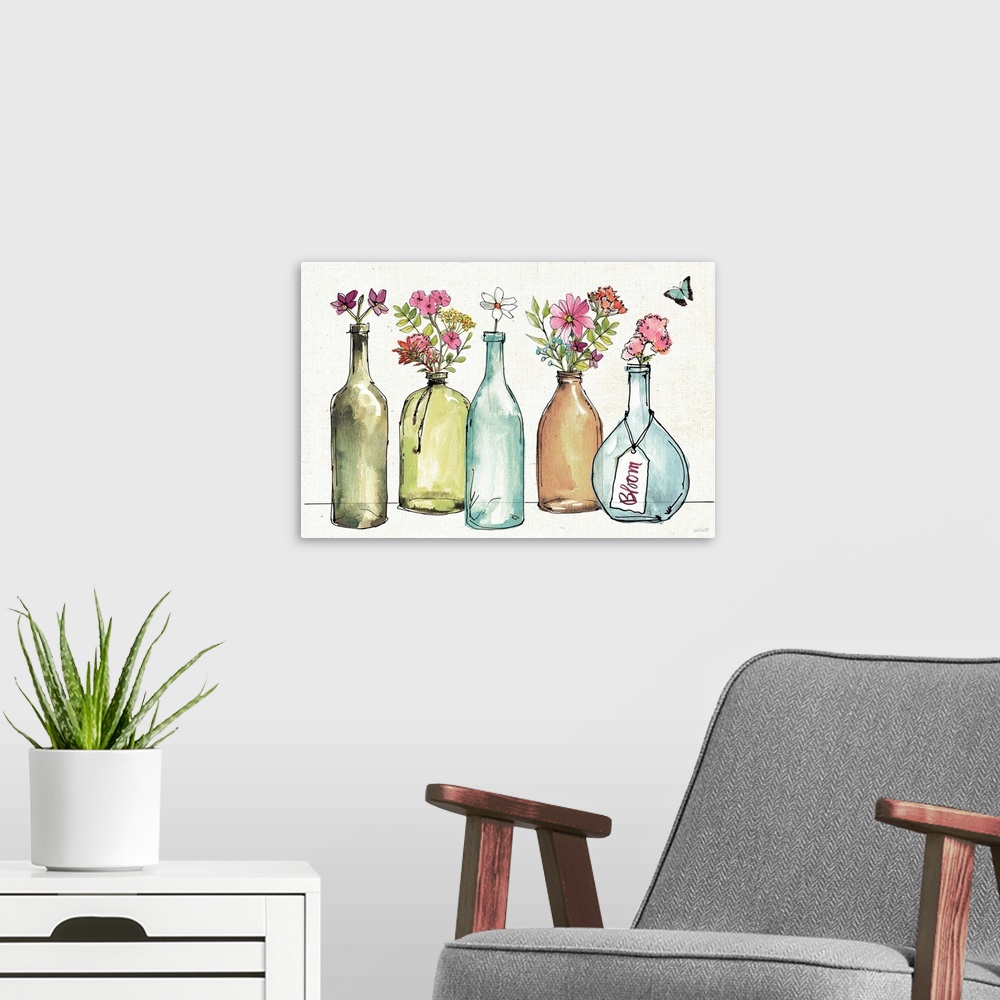 A modern room featuring Decorative artwork of vivid wildflowers in vases among ferns on a weaved textured backdrop.
