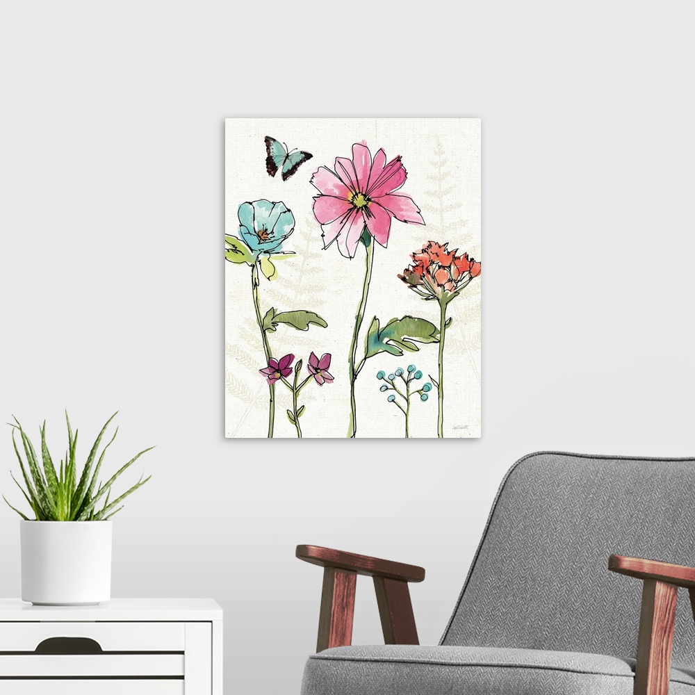 A modern room featuring Decorative artwork of vivid wildflowers among ferns on a weaved textured backdrop.