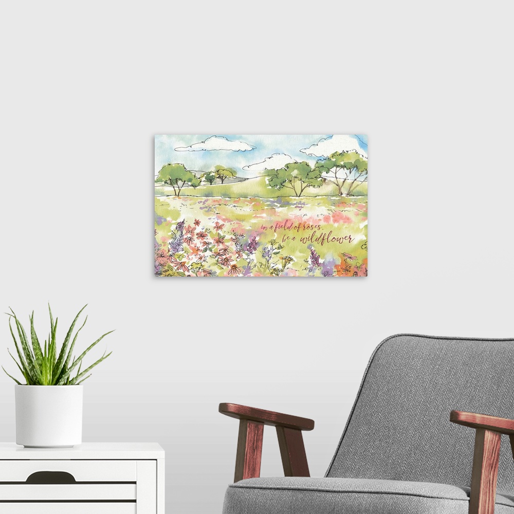 A modern room featuring A watercolor painting of a country scene of wildflowers in a field and the text "in a field of ro...