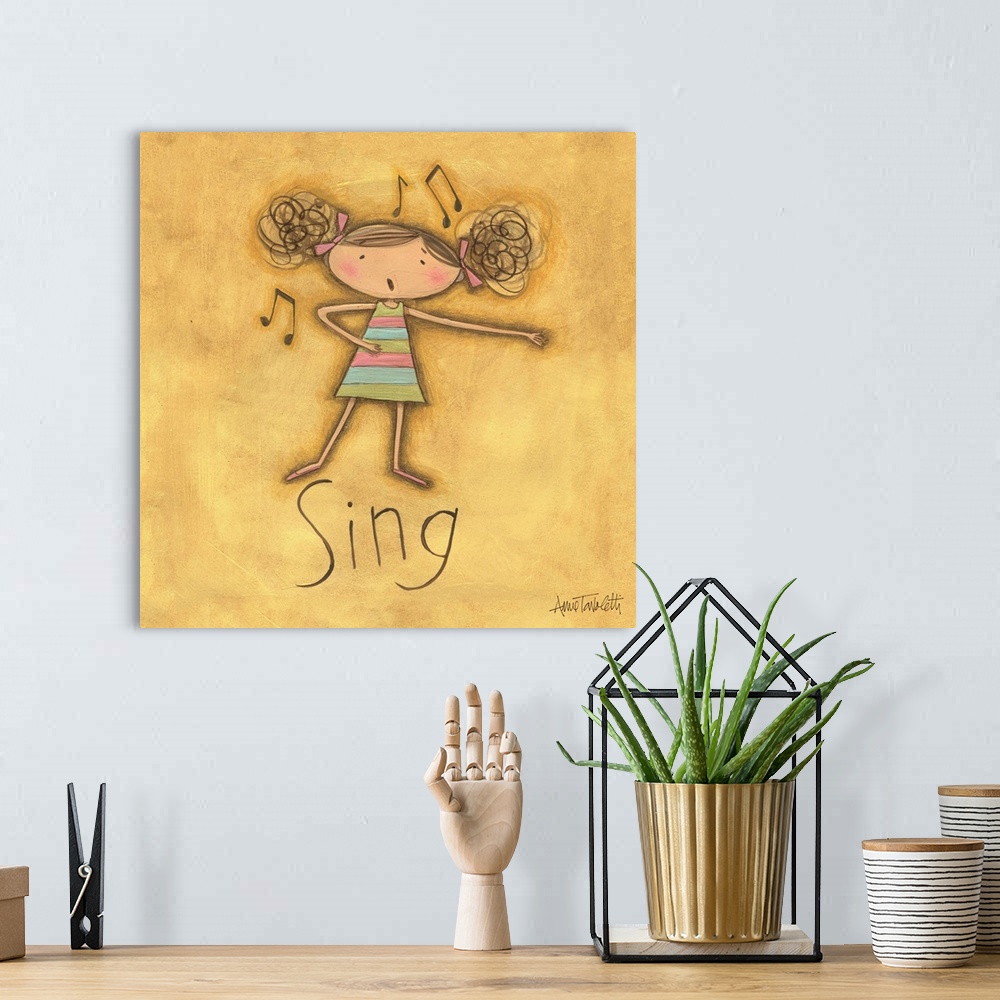 A bohemian room featuring Contemporary children's art of a little girl singing.