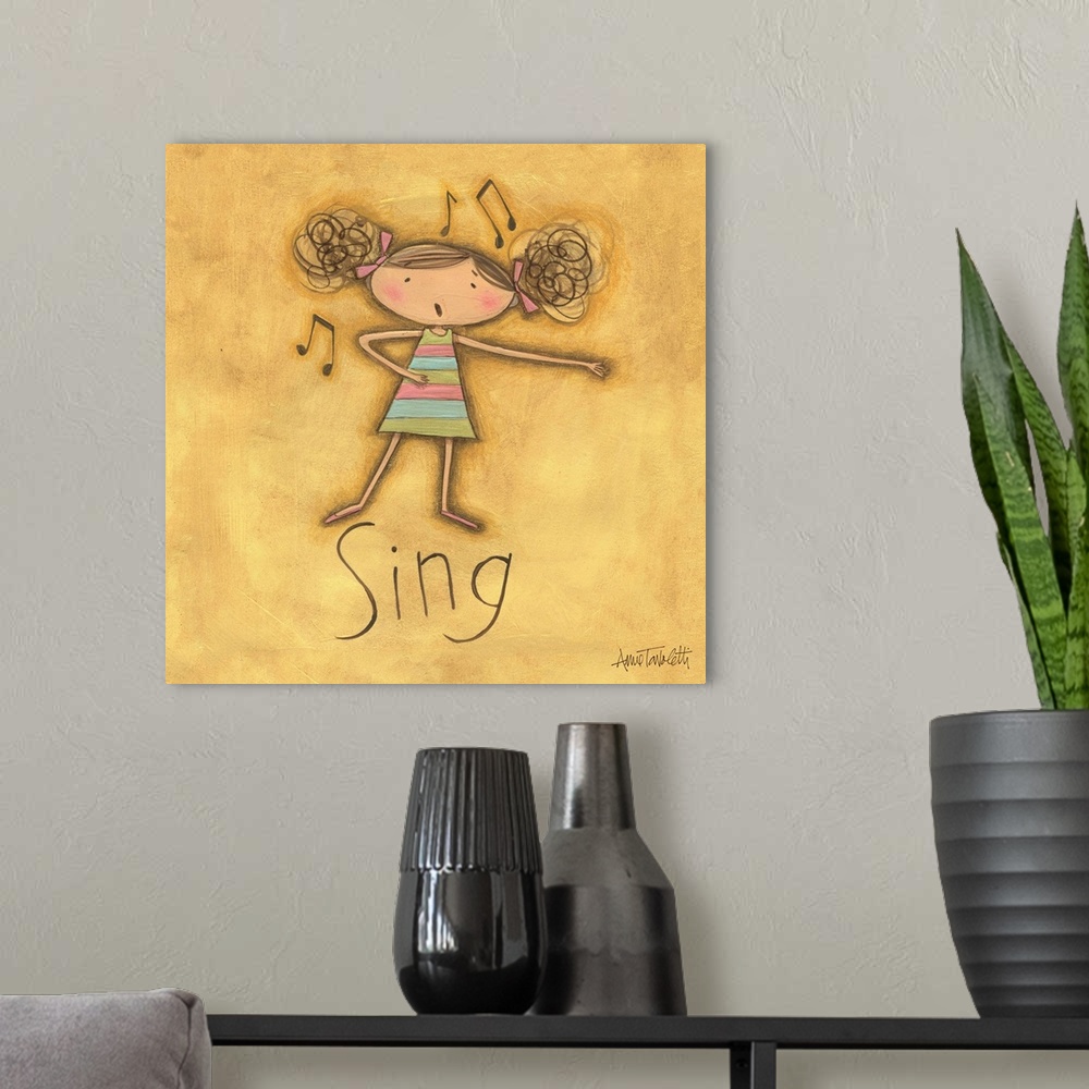 A modern room featuring Contemporary children's art of a little girl singing.