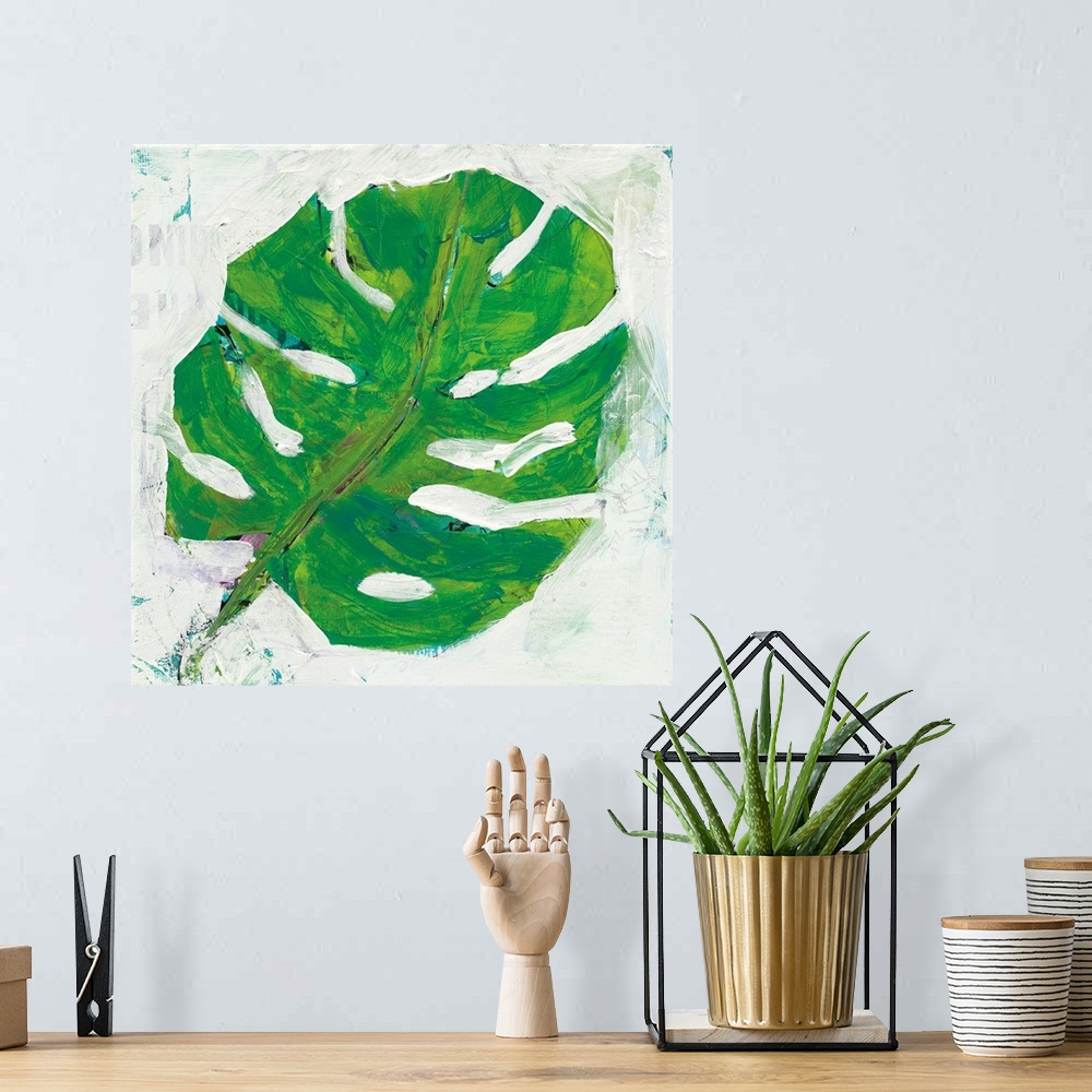 A bohemian room featuring Square abstract painting of a big, green, tropical leaf on a white textured background with hints...