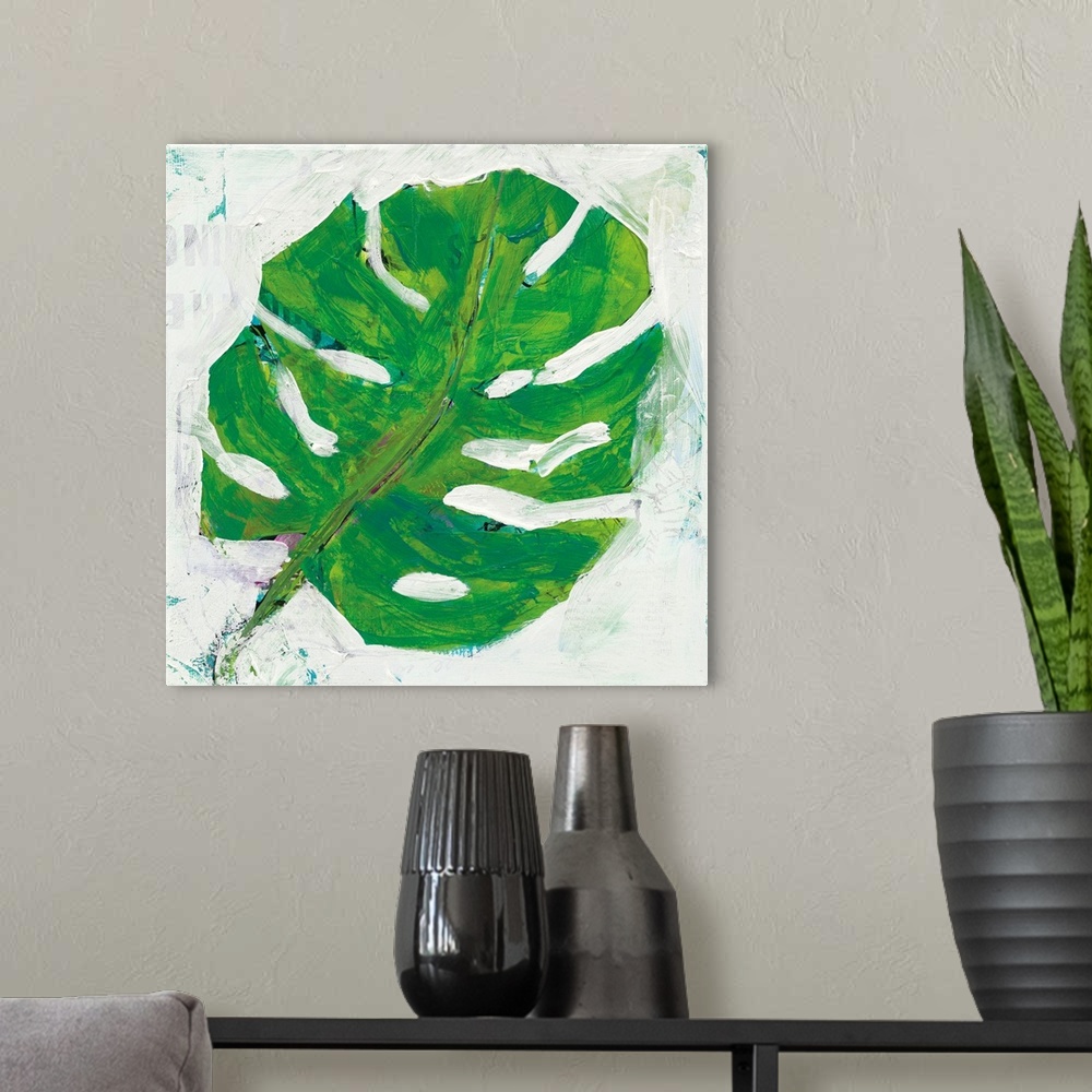 A modern room featuring Square abstract painting of a big, green, tropical leaf on a white textured background with hints...