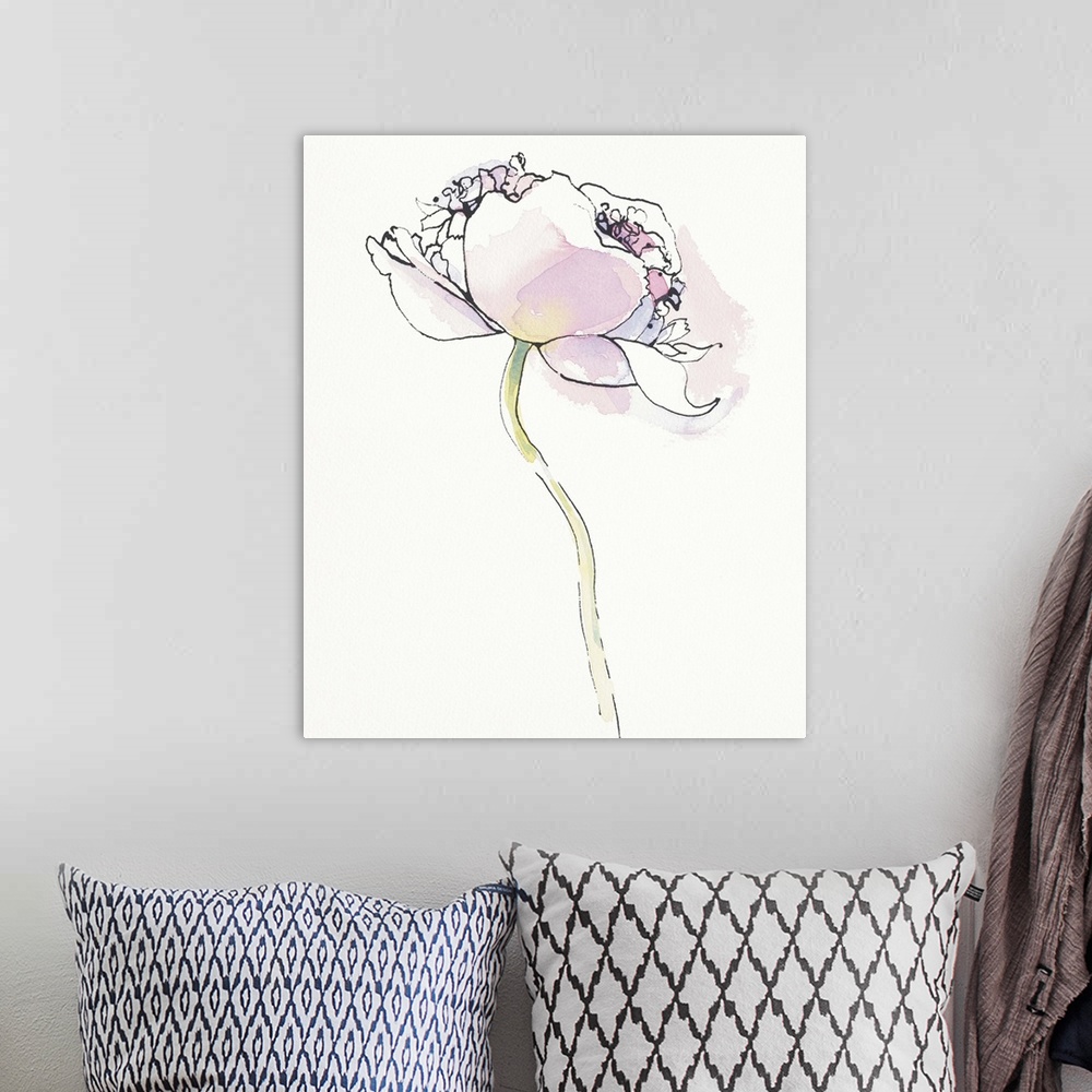 A bohemian room featuring Watercolor painting of a pink poppy against a white background.