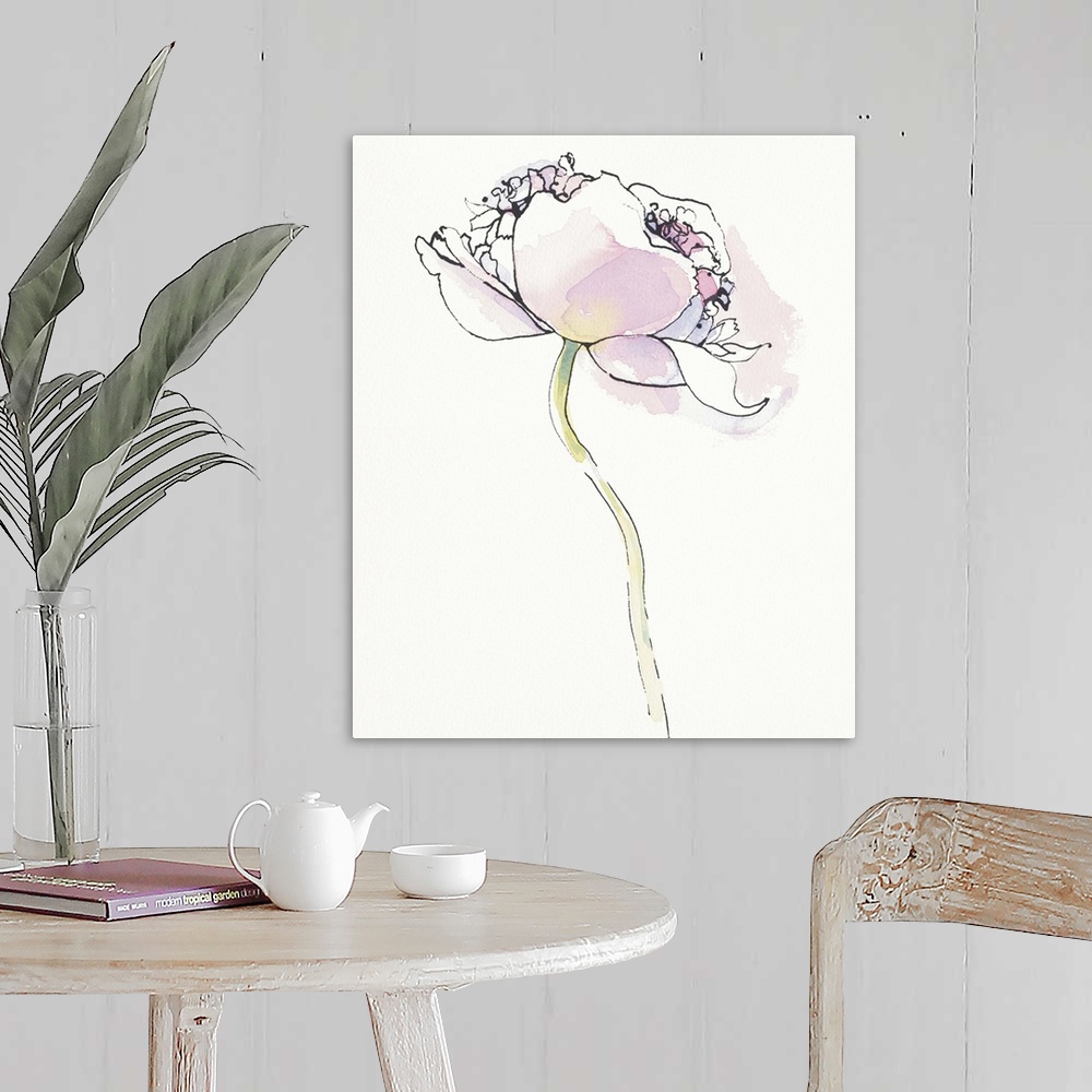 A farmhouse room featuring Watercolor painting of a pink poppy against a white background.