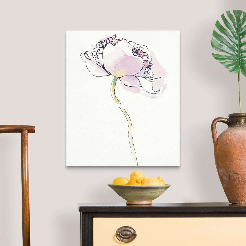 A traditional room featuring Watercolor painting of a pink poppy against a white background.