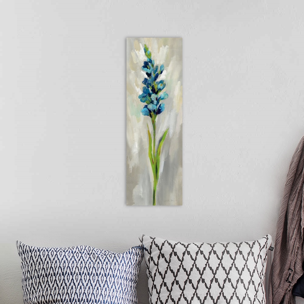 A bohemian room featuring Long vertical contemporary painting of a blue delphinium with brush stoke textured background.